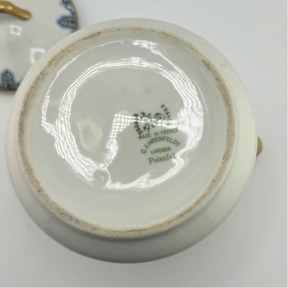 C Ahrenfeldt Limoges Made In France Sugar Bowl&Lid Double Handle Gold White Blue - Picture 6 of 7